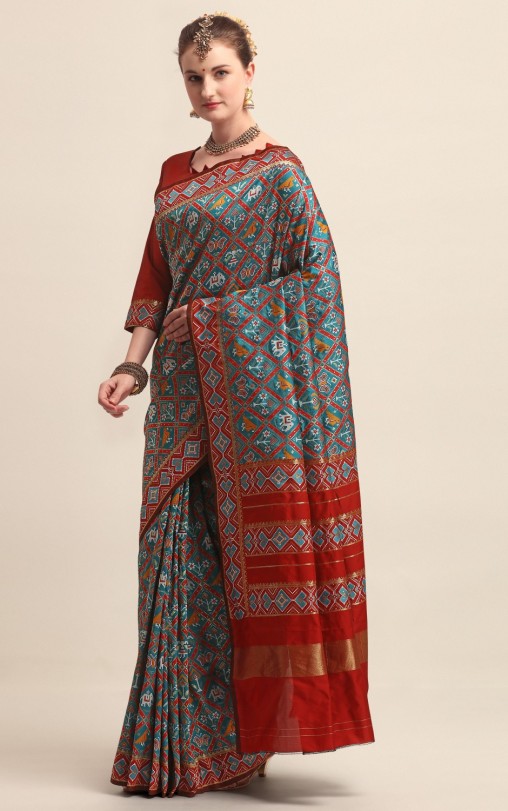 KAPAAHA Woven Figure Patola Saree (Firozi)